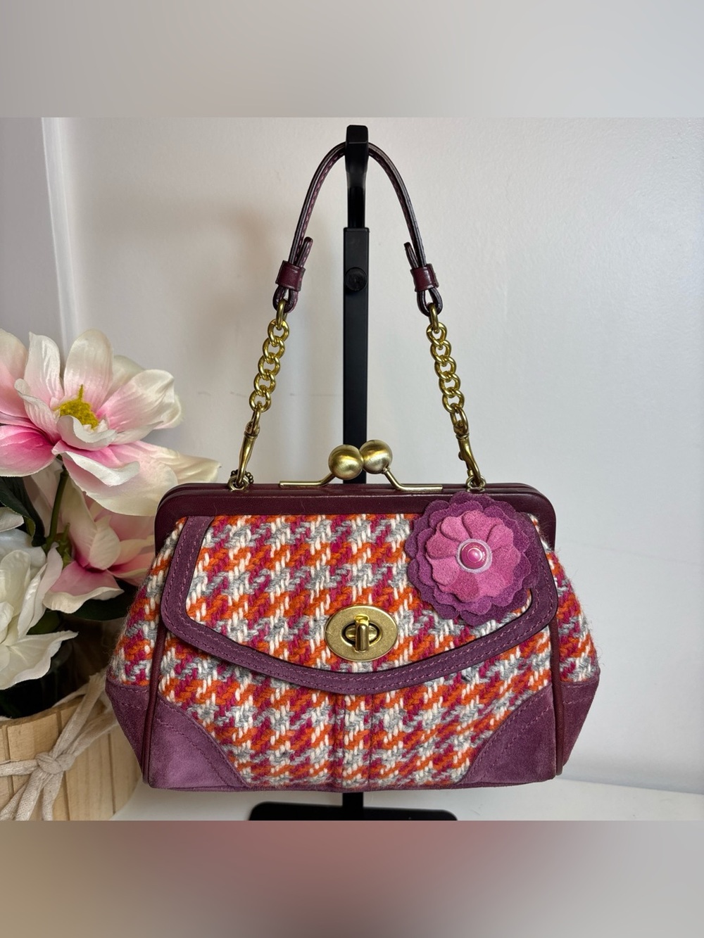 COACH LTD VTG PINK WOOL HOUNDSTOOTH SUEDE KISSLOCK GALLERY FRAMED BAG - Picture 2 of 16